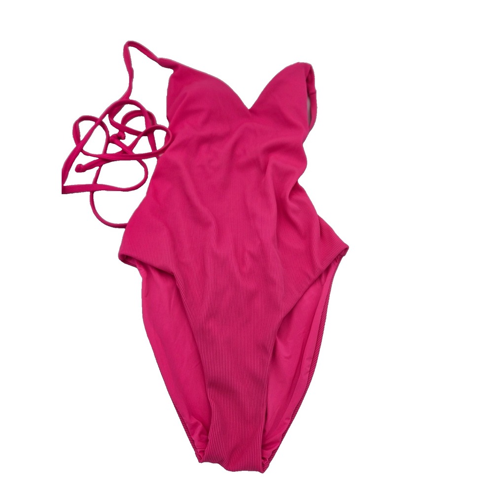 Hot Pink Ribbed One Piece Swimsuit Cutout Strappy Back High Leg Beach